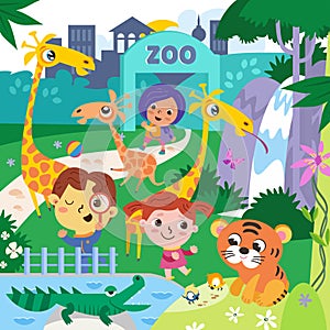 Cute kids in zoo among animals. Funny cartoon characters. Vector illustration for games, puzzles.