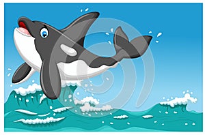 Cute killer whale cartoon jumping with sea life background