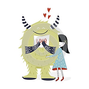 Cute and kind nursery poster with girl and monster. Vector illustration in scandinavian style