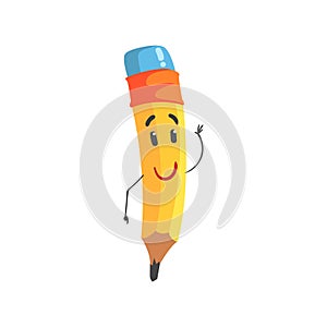 Cute kindly cartoon yellow pencil character