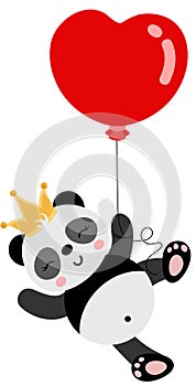 Cute king panda flying with a heart shaped balloon