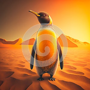 Cute king penguin standing in the mountain desert, generative ai