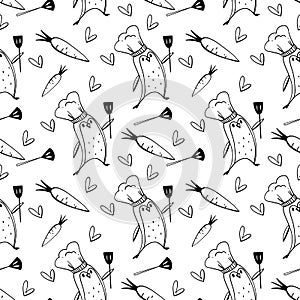 Cute kitchen pattern made of tools and utensils with a penguin. Doodle art outline on a white background. Print for fabrics, stati