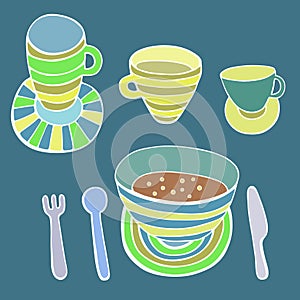 Cute kitchen utensil set. Vector image.