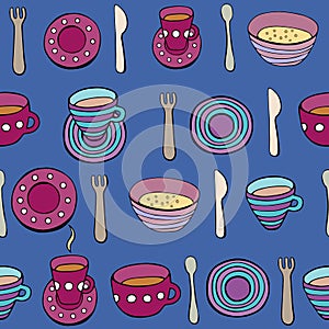 Cute kitchen utensil set. Vector seamless pattern.