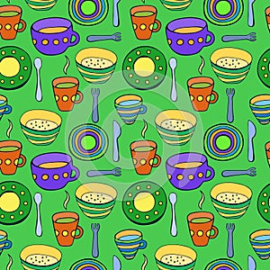 Cute kitchen utensil set. Vector seamless pattern.