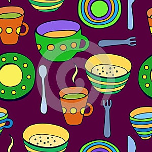 Cute kitchen utensil set. Vector seamless pattern.