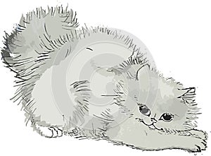 Cute kitten arched back, pulled out lvpki, black and white, fluffy, illustration