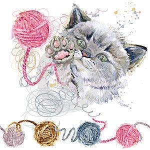 Cute kitten and ball of wool threads watercolor illustration