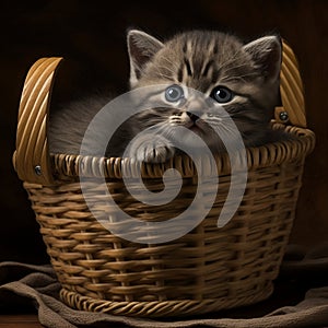 Cute kitten in a basket - AI generative