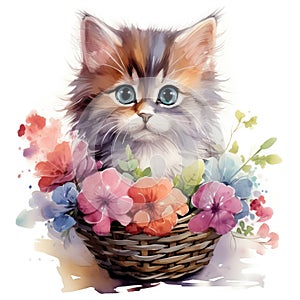 Cute kitten with a basket of flowers. Watercolor cartoon illustration