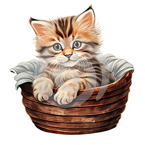 Cute Kitten is in a basket on a white Backdround