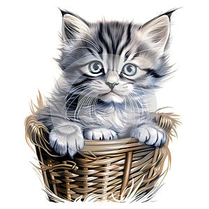 Cute Kitten is in a basket on a white Backdround