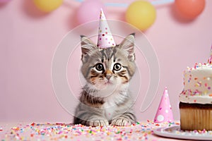 Cute kitten and birthday cake. Cat birthday party. Ai generative