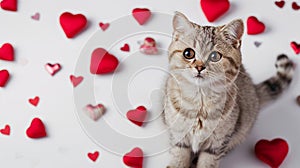 Cute kitten on a blurred light background decorated with small red hearts. A cat's gaze overflowing with tender