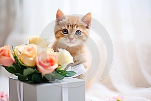 Cute kitten with bouquet of roses and gift box. Card for Mothers day, International Womens Day, 8 March, Valentines Day