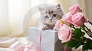 Cute kitten with bouquet of roses and gift box. Card for Mothers day, International Womens Day, 8 March, Valentines Day