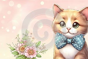 Cute kitten with bow. Festive blurred background. Banner, blank