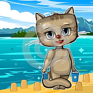 Cute Kitten builds sand castles on the beach by the sea. Funny comic animal. Young cute Cat cartoon style. Childrens