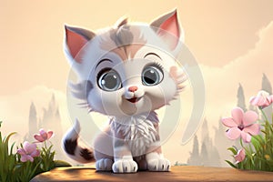 Cute kitten cartoon character smiling and sitting on forest meadow