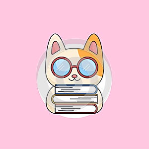 Cute kitten cat wearing geek glasses holding books bookworm animal mascot cartoon vector illustration design
