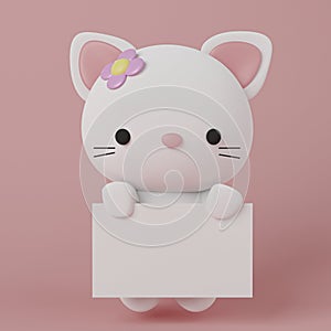 Cute kitten character with white blank sheet of paper on pink pastel background. Advertising. Illustration in cartoon style