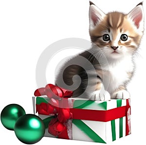 A cute kitten with a Christmas theme. AI-Generated.