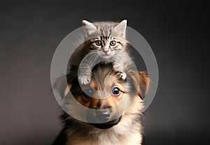cute kitten climbing on puppies head. pet friendship concept