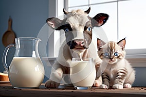 cute kitten and cow looking at fresh milk in a glass isolated on blue background