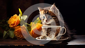 cute kitten in cup with yellow rose in sunlight