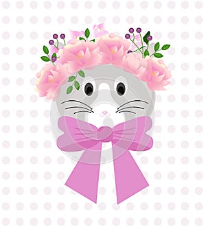 Cute kitten design with summer flowers and bow. Vector illustration cartoon character