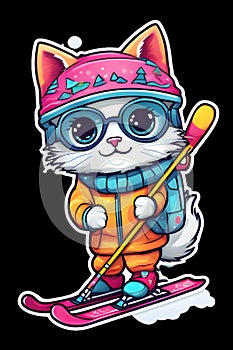 A cute kitten in a fashionable style play skiing, no background, animal creatures, adorable, stylish, design, line art, dreamy