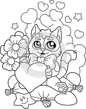 Cute kitten with flowers, coloring book, funny illustration