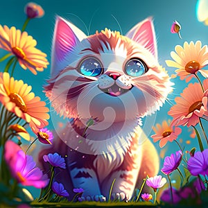 Cute kitten with flowers in the meadow. Digital painting. generative AI