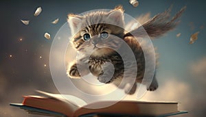 cute kitten flying with books illustration image generative AI