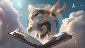 cute kitten flying with books knowledge cloud art generative AI