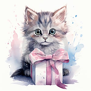 Cute kitten with a gift box. Watercolor cartoon illustration on a white background.