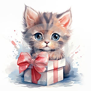 Cute kitten with a gift box. Watercolor cartoon illustration on a white background.