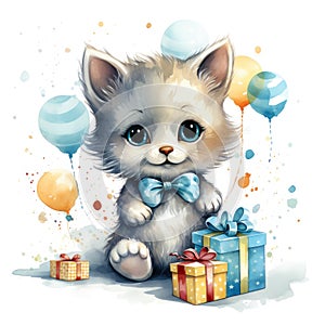 Cute kitten with gifts and balloons on white background. Watercolor cartoon illustration