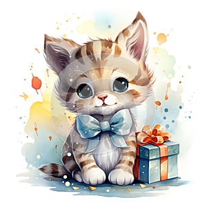 Cute kitten with gifts on white background. Watercolor cartoon illustration