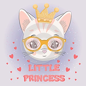 Cute kitten girl with crown and sunglasses.Little Princess slogan