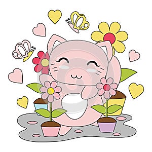 Cute kitten girl, and flowers garden suitable for kid t-shirt graphic design