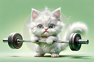 cute kitten goes in for sports, lifts a heavy barbell