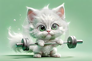 cute kitten goes in for sports, lifts a heavy barbell