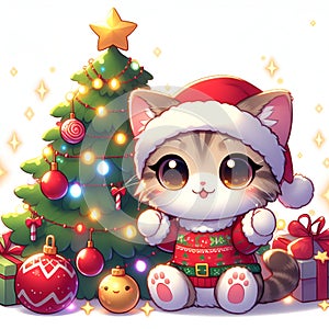 A cute kitten with happy face, woth tje christmas tree and the ornaments, white background, cartoon, animal design, artwork