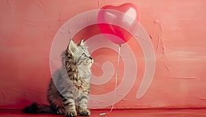 Cute kitten with heart-shaped balloon. Red background. Valentines day greetings