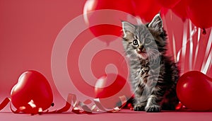 Cute kitten with heart-shaped balloons in photostudio. Valentines day greetings.jpg