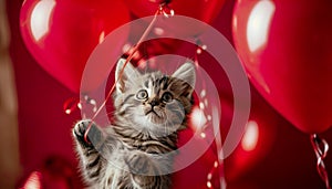 Cute kitten with heart-shaped balloons. Valentines day greetings
