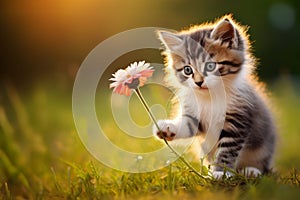 cute kitten holding flower in paws outdoors at sunset