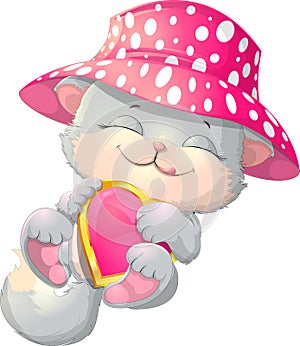 Cute kitten holding a heart